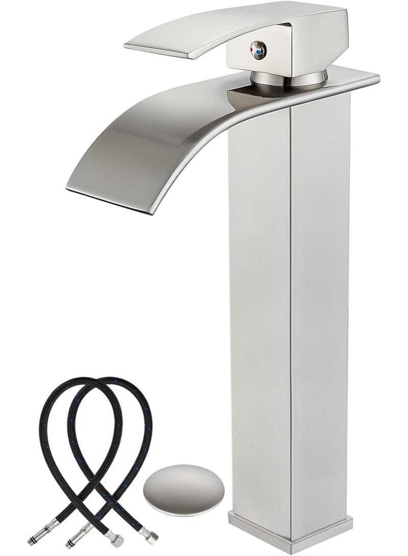 واي دي صنبور حوض حمام عصري بفوهة شلال، خلاط ذو مقبض واحد عالي القوس، سهل التركيب، مصنوع من النحاس المتين، مثالي لأحواض الحمام، ترقية عصرية للحمام - Image 1